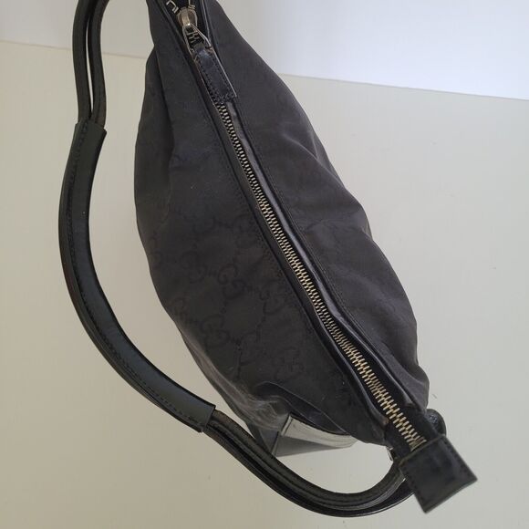GUCCI GG Monogram Black Shoulder Bag Handbag Nylon Leather Trim Medium Zip Logo - Picture 5 of 13